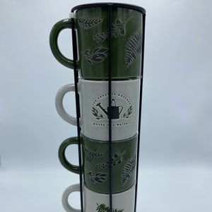 4 Mugs in an Evergreen Theme in a Wire Basket